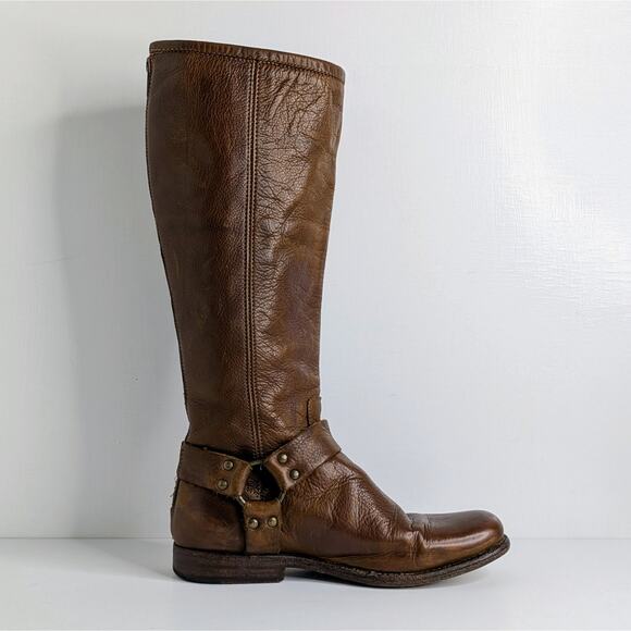 Frye Phillip Harness Brown Leather Tall Boots 7.5 Equestrian Western Boho - Picture 11 of 16